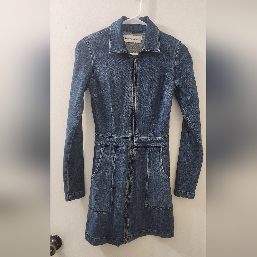 Reformation Denim Zip-Up Dress, Size 0.